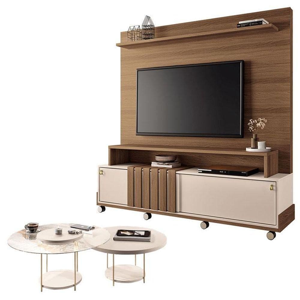 Estante Home Theater Bold Off White Castanho E Kit Mesa De Centro Sky Off White - Hb Móveis