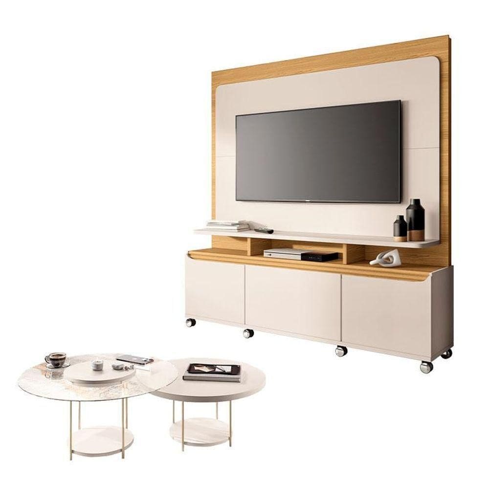 Estante Home Theater Quantum Off White Cinamomo E Kit Mesa De Centro Sky Off White - Hb Móveis