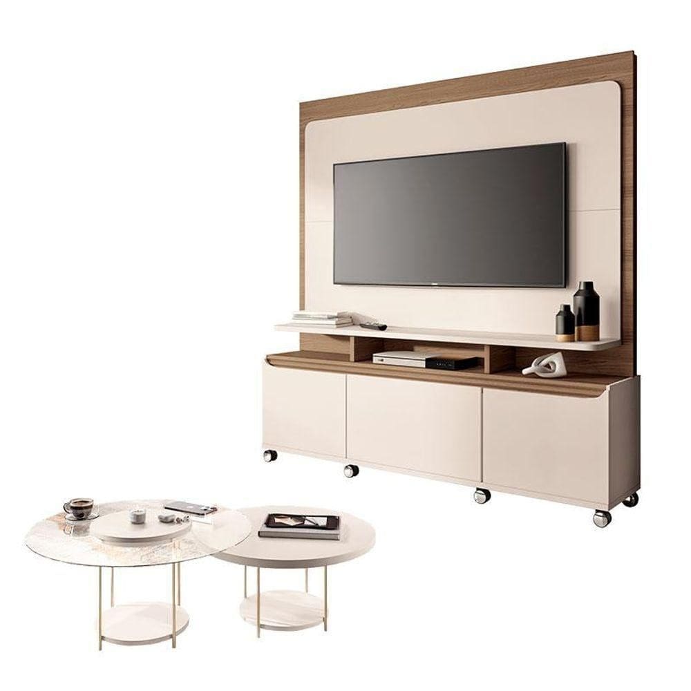 Estante Home Theater Quantum Off White Castanho E Kit Mesa De Centro Sky Off White - Hb Móveis