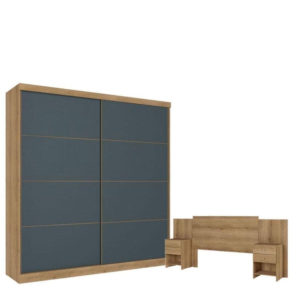 Guarda Roupa Casal Malaga 2 Portas Capuccino AzulECabeceiraCom Mesas De Cabeceira FormosaCapuccino - Thb