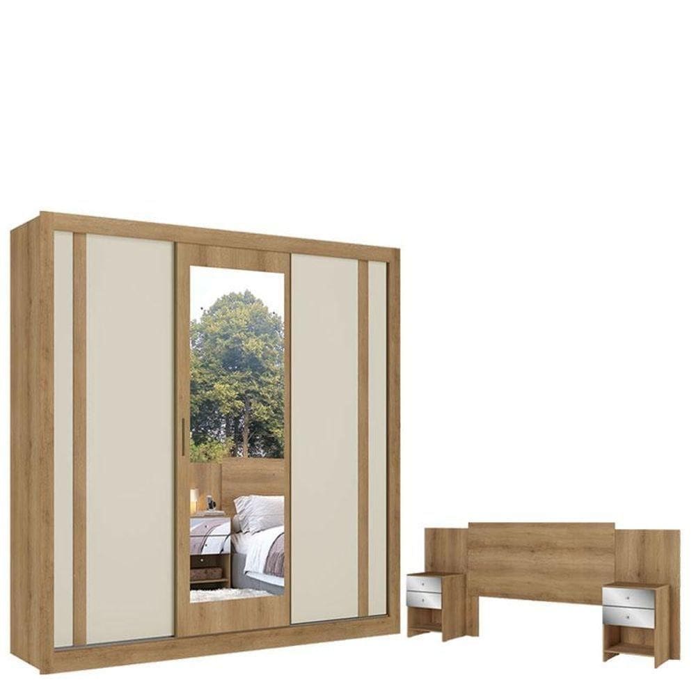 Guarda Roupa Casal Ibiza Glass 3 Portas Capuccino Cacau Off White E Cabeceira Formosa Glass Capuccino - Thb