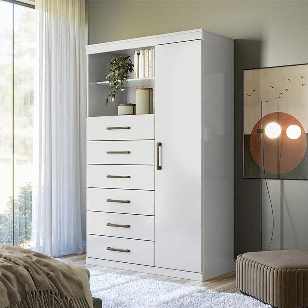 Cômoda 1 Porta 6 Gavetas Marabá Branco Brilho - Santos Andirá