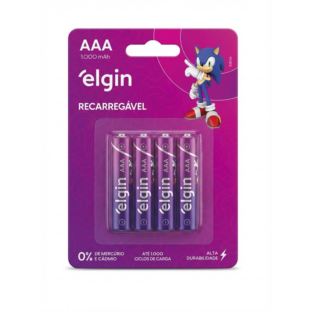 Pilha AAA Elgin Recarregável 1000mAh Cartela com 4 Unidades