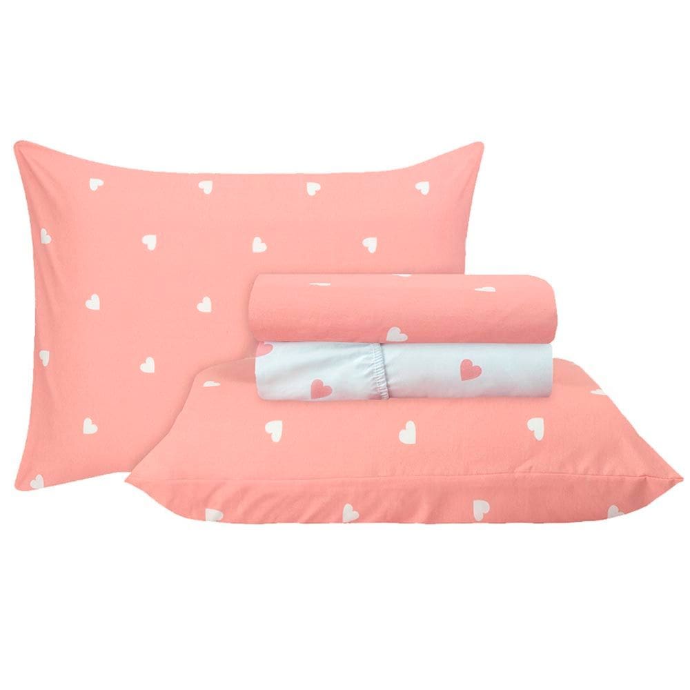 Jogo de Cama Duplo Queen 4 Peças Percal 180 Fios Coração Rose Sonhare Prata - Sultan