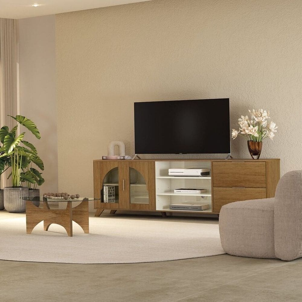 Conjunto Sala de Estar Mesa de Centro Levitá e Rack Murano Cinamomo /Off White