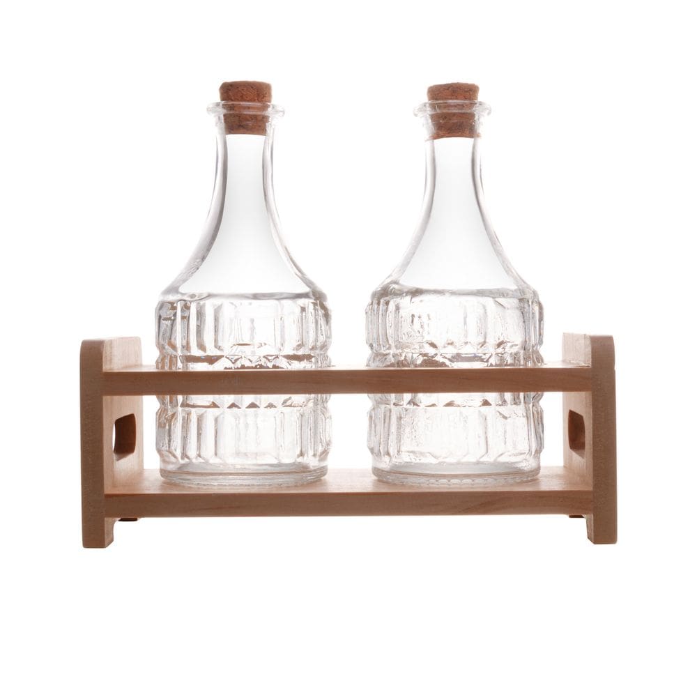 Jogo 2 Garrafas Azeite e Vinagre Com Suporte de Madeira Lyor