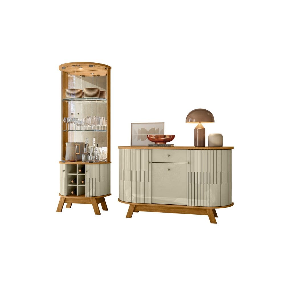 Kit Sala de Jantar/Estar Cristaleira Marina + Buffet Monza Cumaru e Opala Liberty Móveis