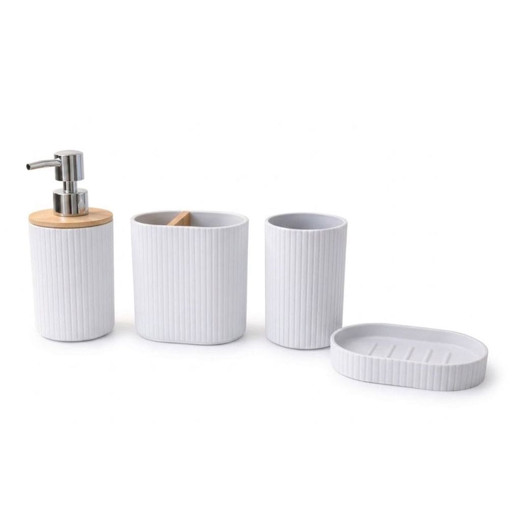 Kit Banheiro Plástico com Tampa Bambu 4 Peças Grafite 7,5 cm Diâmetro