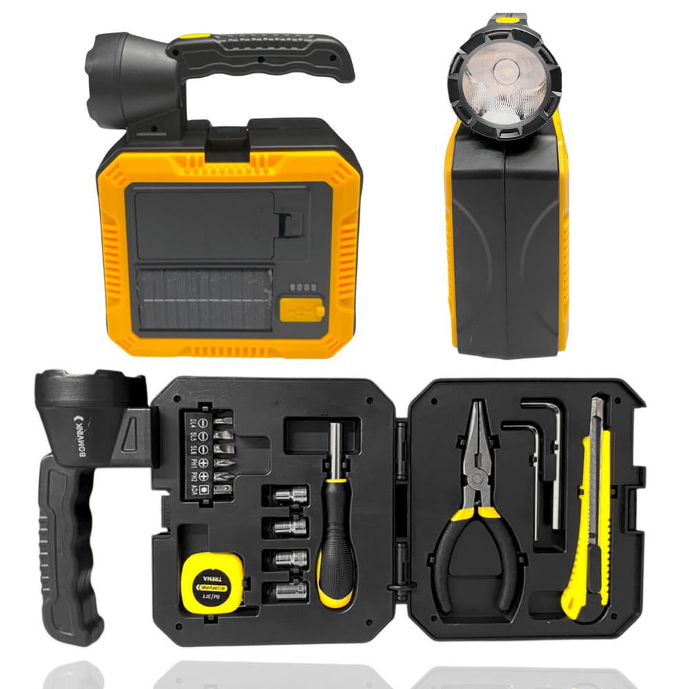 Lanterna LED Solar Recarregável USB-C com Kit Ferramentas 300m Lanterna Portátil Camping Emergência Trilhas Reparos Multifuncional