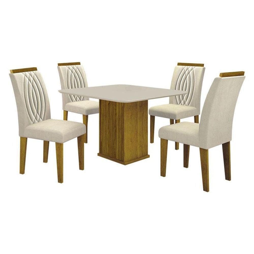 Mesa De Jantar Napoli 90x90 Freijó Decor Off White Com 4 Cadeiras Doha Mdf Freijó Joli Palha - Leifer Móveis