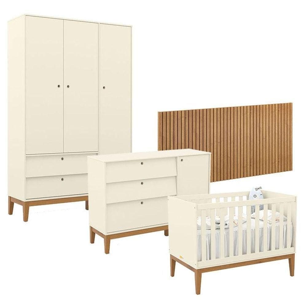 Quarto De Bebê Unique 3 Portas Com Cômoda Sapateira E Painel Ripado Off White Eco Wood - Matic