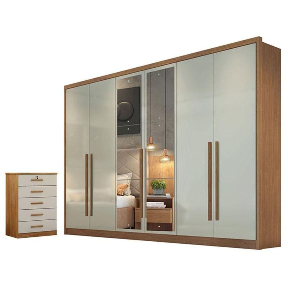 Guarda Roupa Casal Livorno Com Nicho E Espelho Com Gaveteiro Suiça Cumaru 25 Fendi - Horizonte