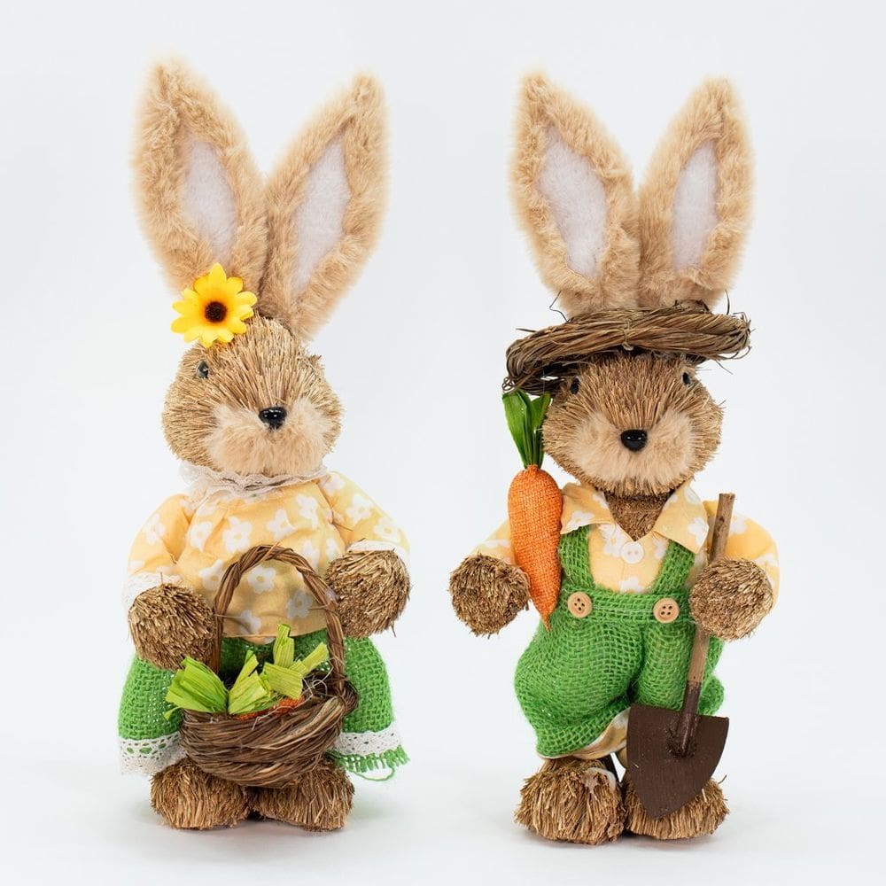 Casal De Coelhos De Páscoa Decoração Coelhinhos Floridos 33cm