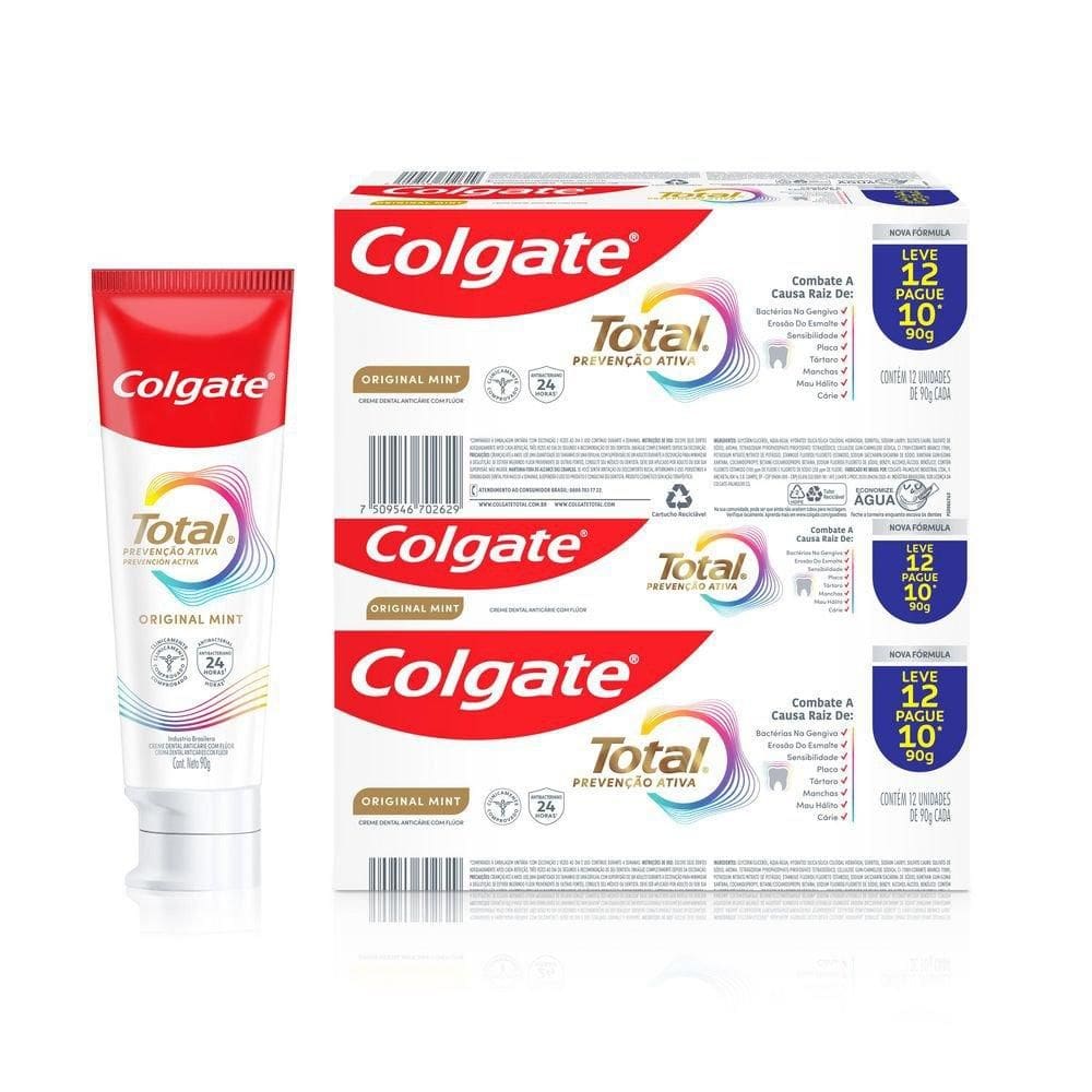 Creme Dental Colgate Total Mint Prevenção Ativa 90g 12 unidades