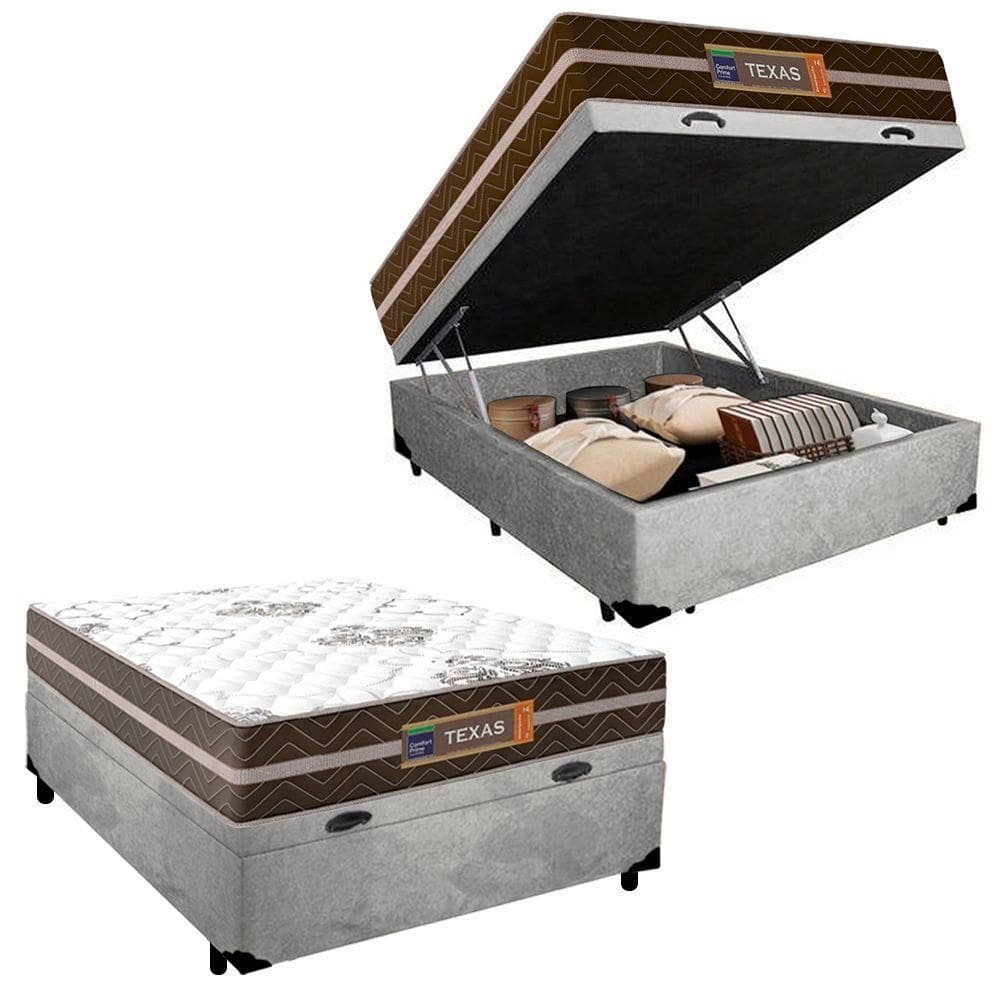 Cama Box Baú Casal Suede + Colchão Molas Ensacadas Texas Colchões 138x188x67cm Cinza