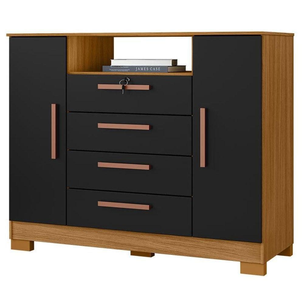 Cômoda Madri 4 Gavetas 2 Portas Carvalho Americano Preto - Incorplac