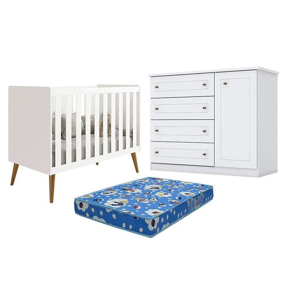 Berço Americano Isis Branco Acetinado Reller Cômoda Americano Branco Colchão Ortobom Henn