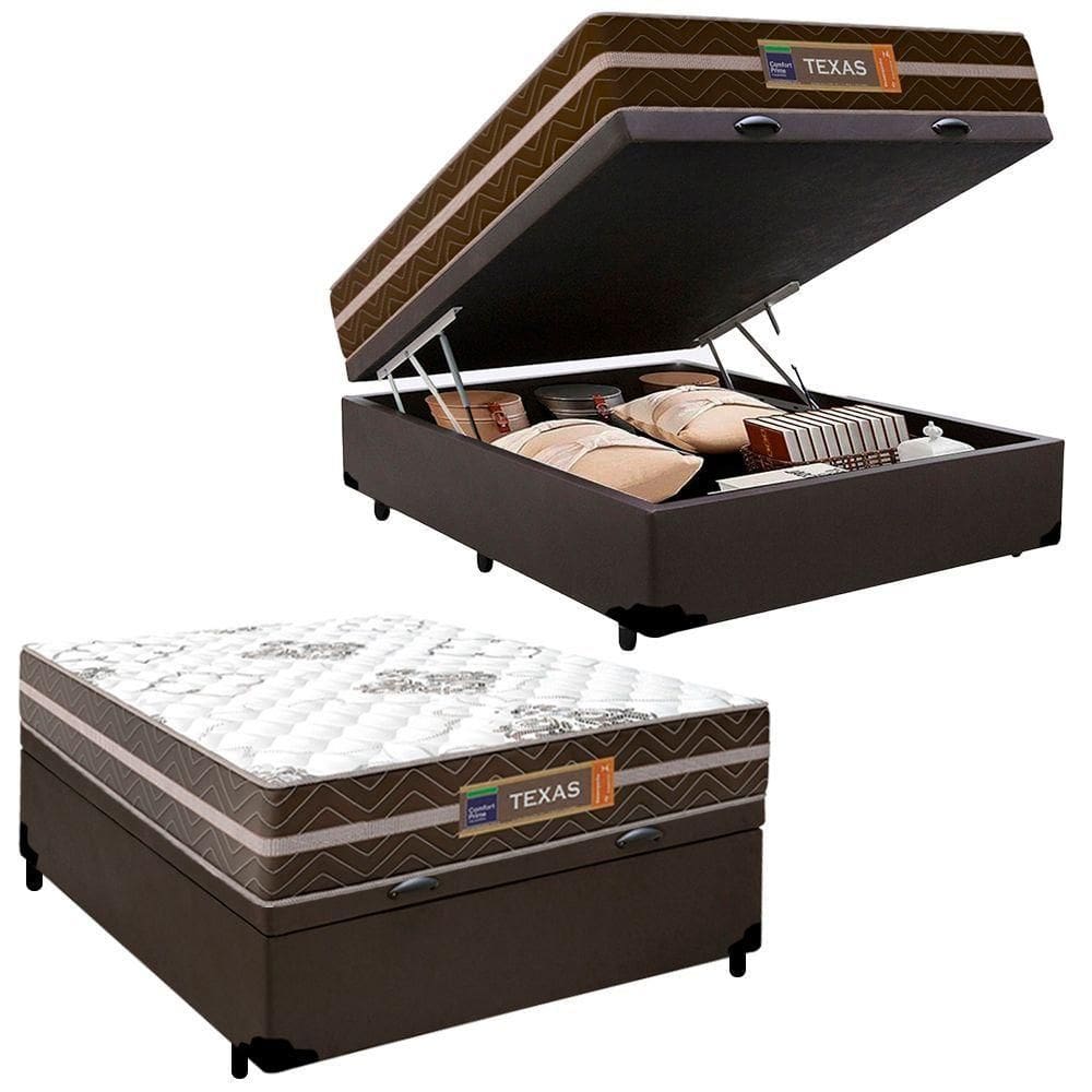 Cama Box Baú Casal Sintético + Colchão Molas Ensacadas Texas Colchões 138cm Marrom - Suporta Até 120 Kg Por Pessoa