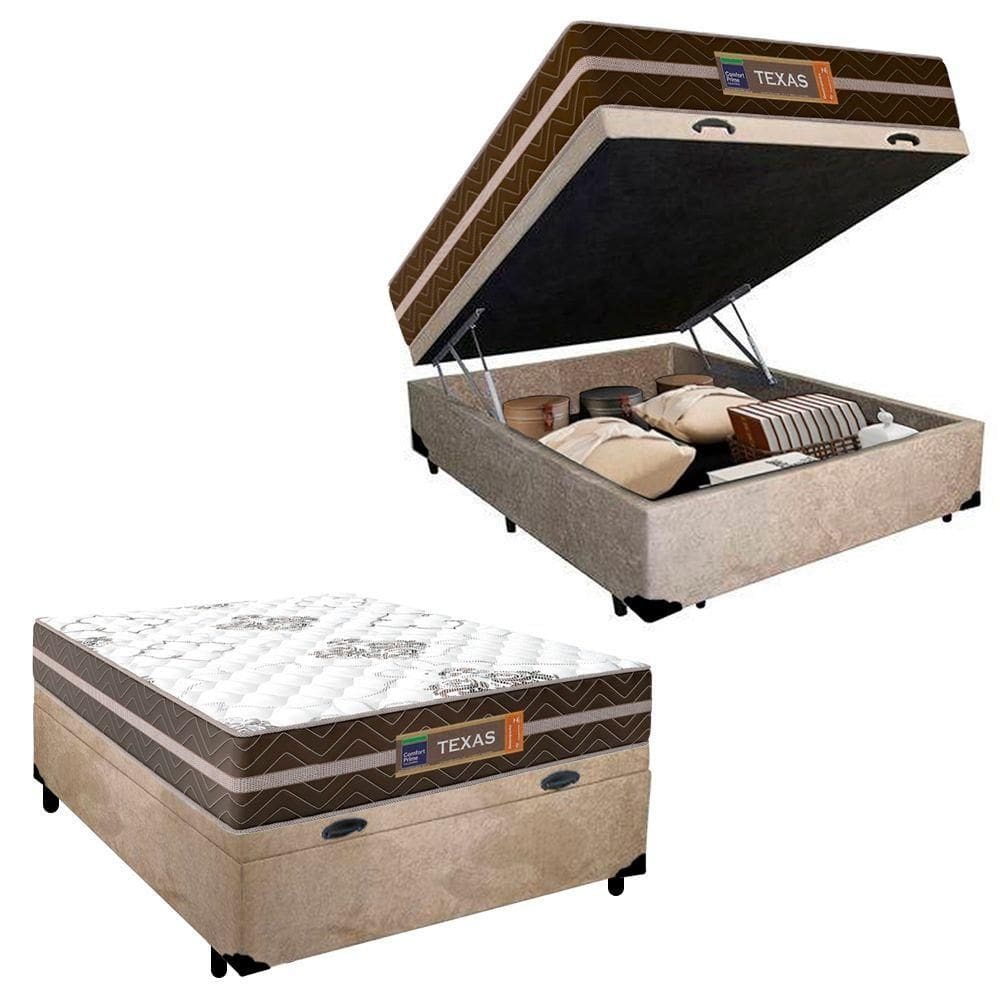 Cama Box Baú Casal Suede Colchão Molas Ensacadas Colchões 138cm Bege Suporta Até 120 Kg Por Pessoa
