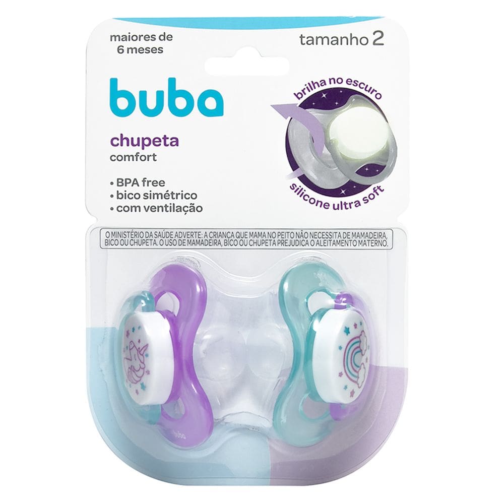 Kit 2 Chupeta Comfort Buba Tamanho 2 Noturna Unicórnio