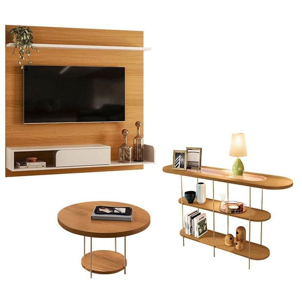 Painel Para Tv Suspenso Evo Com Mesa De Centro Sky E Aparador Infinity Cinamomo Off White - Hb Móveis