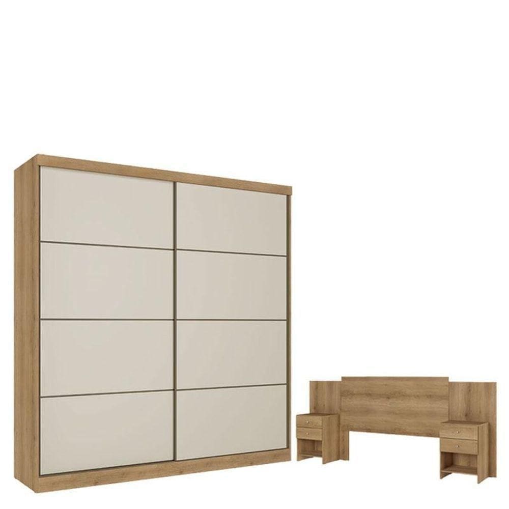 Guarda Roupa Casal Malaga 2 Portas Capuccino Off White E Cabeceira Com Mesas De Cabeceira Formosa Capuccino - Thb