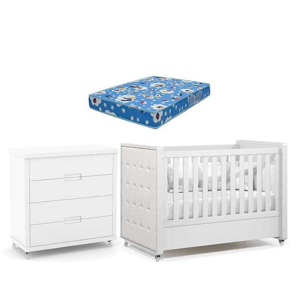 Berço Americano Capitonê Boucle, Cômoda Gaveteiro Infantil Tutto Branco Acetinado E Colchão