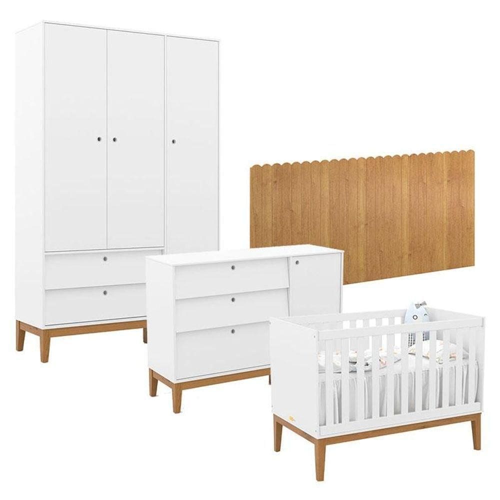 Quarto De Bebê Unique 3 Portas Com Cômoda Sapateira E Painel Farm Branco Soft Eco Wood - Matic