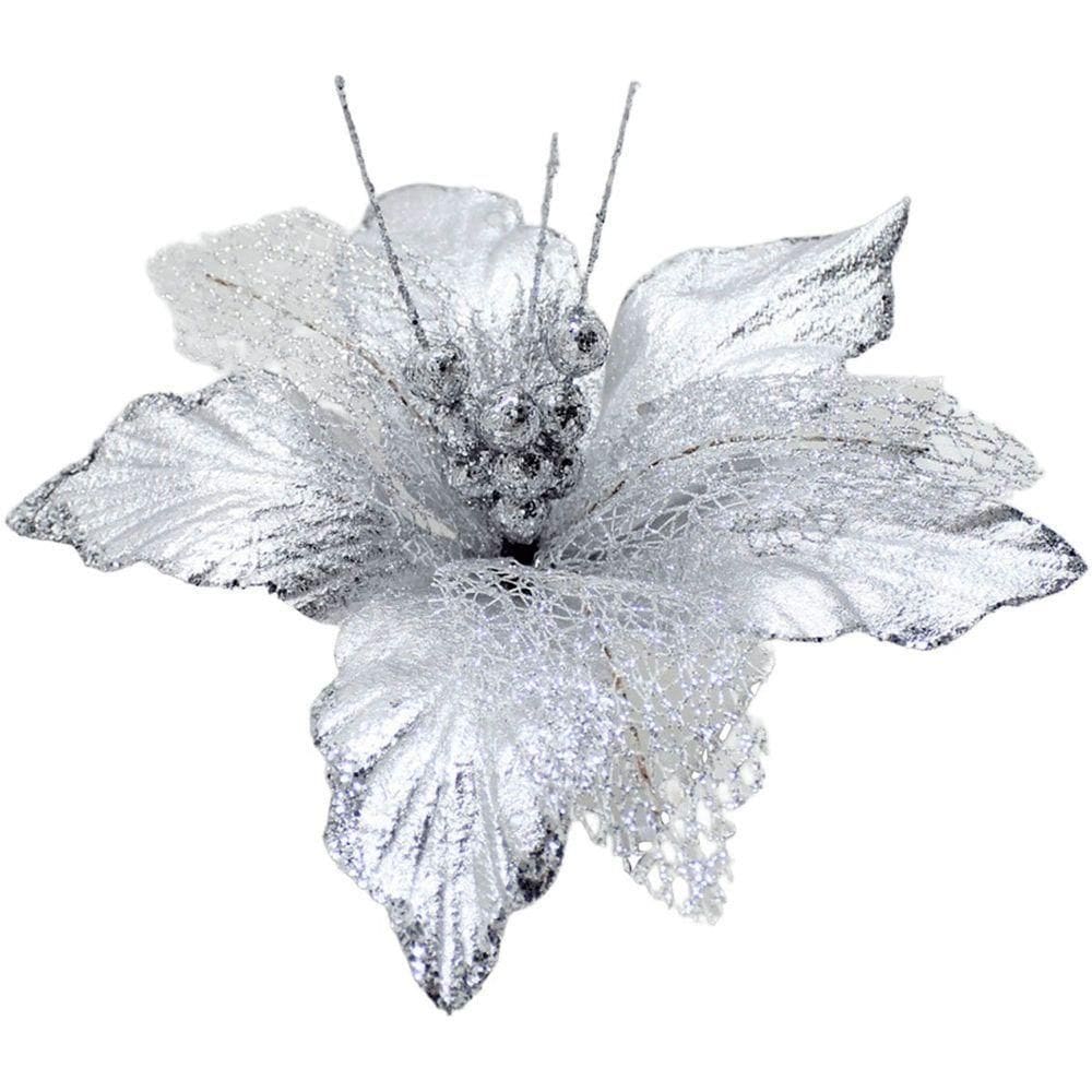 Kit 12 Flores Artificiais Decoração Natal Prata Glitter 30cm