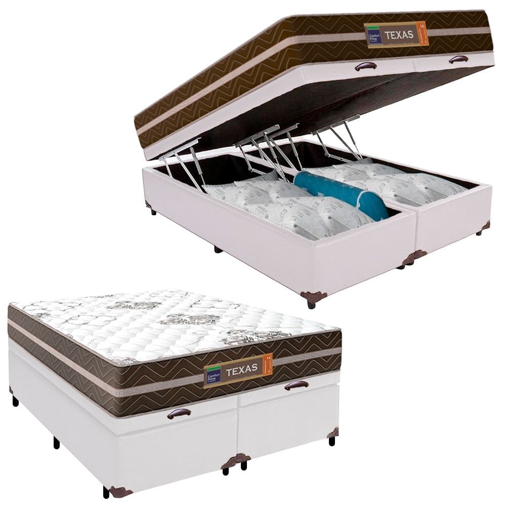 Cama Box Baú Casal Bipartido Sintético + Colchão Molas Ensacadas Texas Prime Colchões 138cm Suporta Até 120kg Por Pessoa