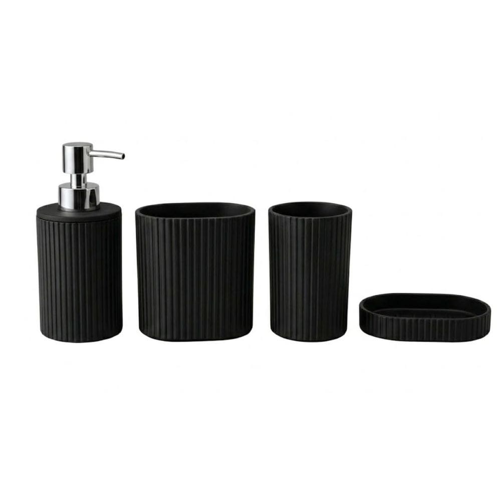 Kit Banheiro Preto com Bambu: 4 Peças (Dispenser, Porta Escova, Copo, Saboneteira)