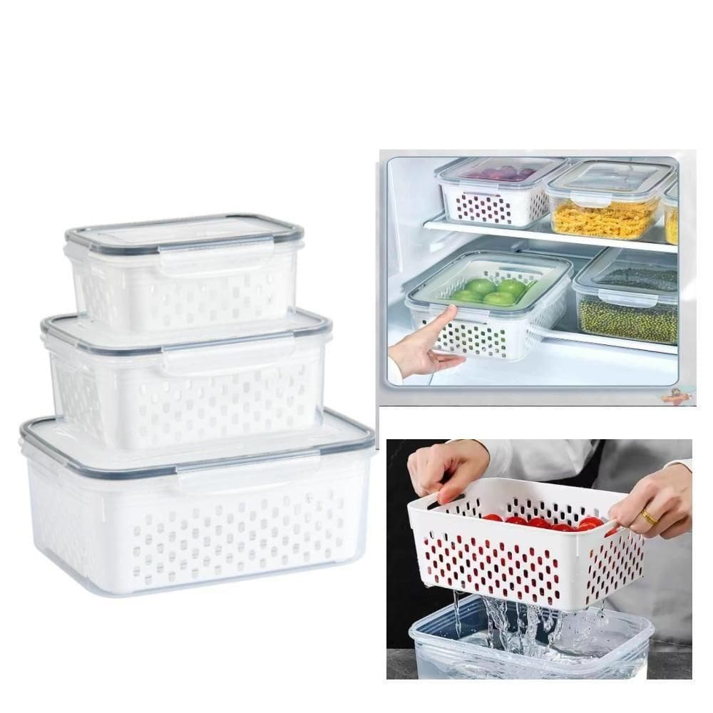 Kit 3 Potes Organizadores Hermetico Com Cesto Drenagem Grande Multiuso Geladeira Microondas Freezer Dispens