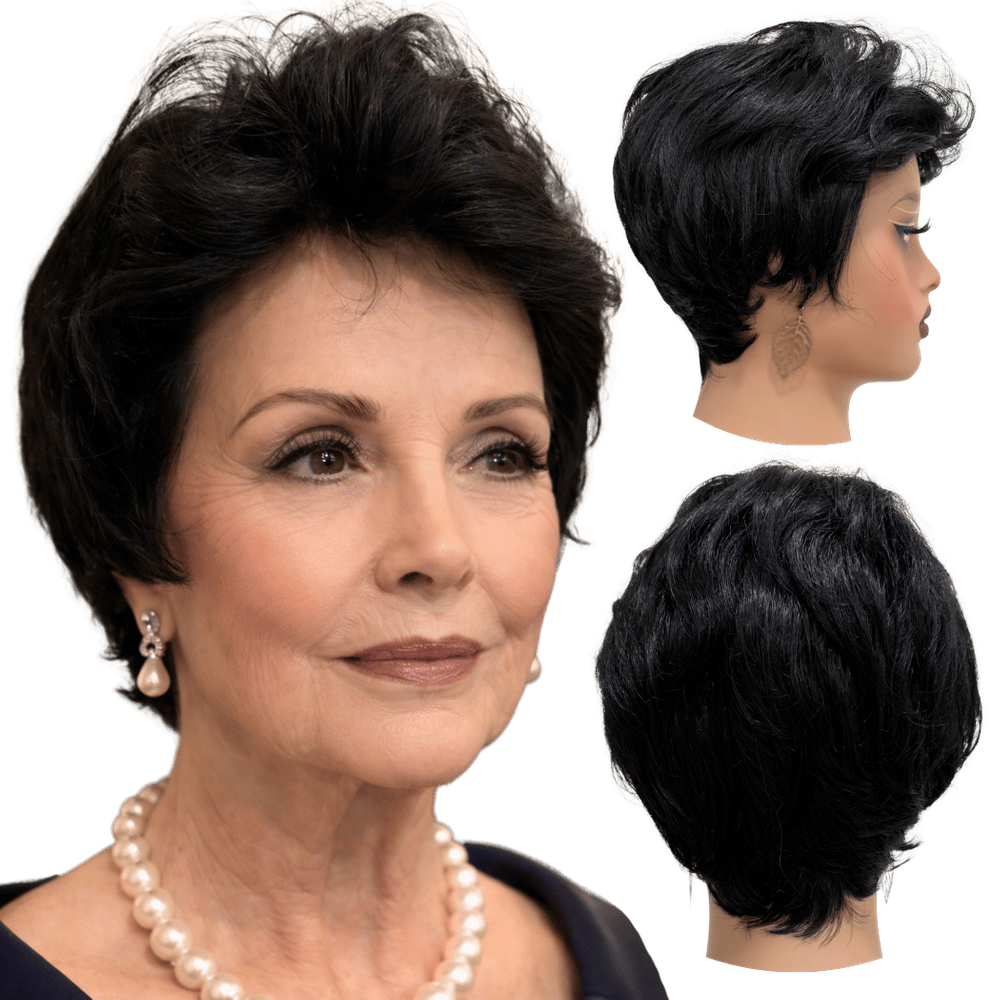 Peruca curta preta orgânica premium pixie elegante wig 1B