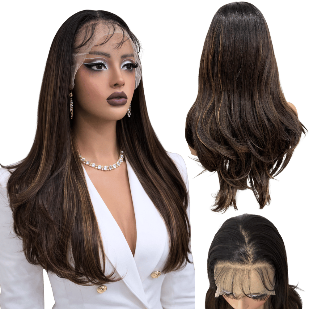 Peruca front lace 13x4 preto morena iluminada futura 60cm