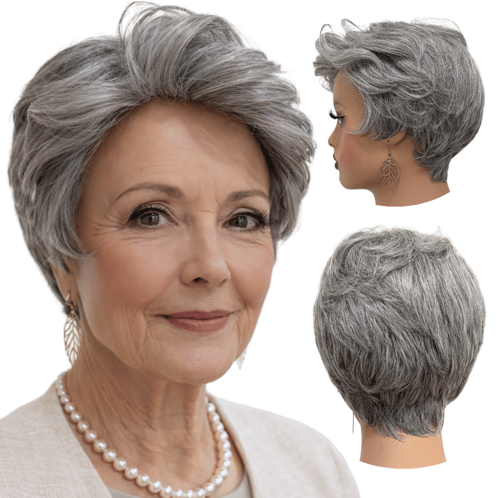 Peruca curta grisalha pixie unissex orgânica wig elegante 51