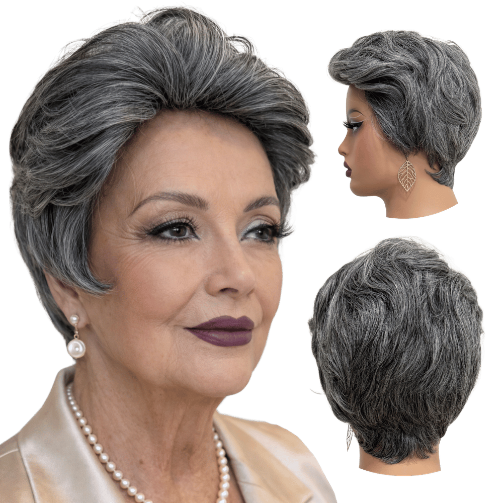 Peruca curta grisalha escura unissex orgânica pixie wig 44