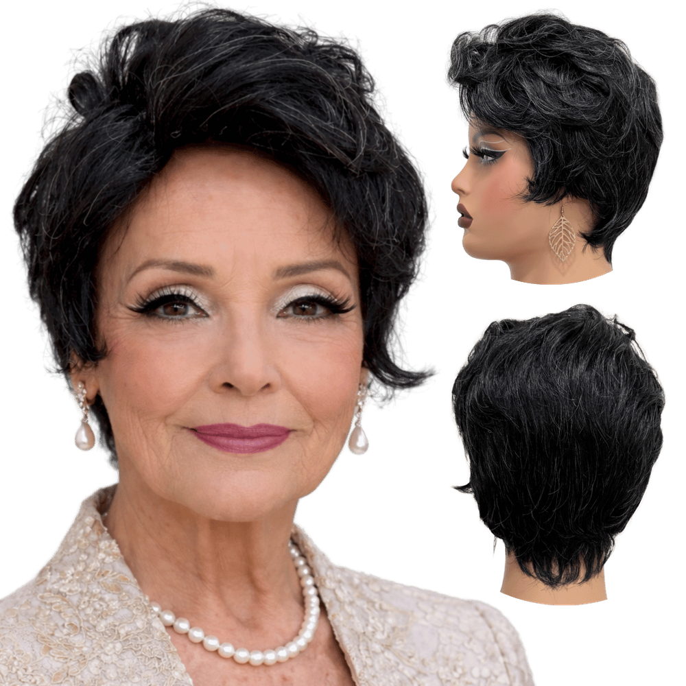 Peruca curta preta fios grisalhos orgânica pixie wig 280