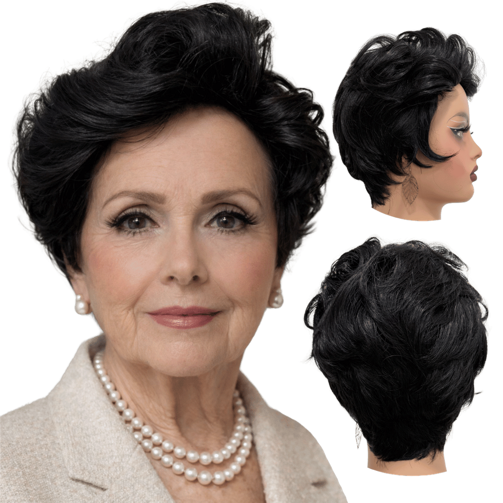 Peruca curta preta orgânica premium pixie elegante wig 2