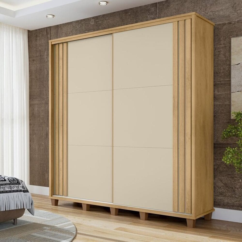 Guarda-roupa Casal Monte Carlo com 2 Portas de Correr Ripada 4 Gavetas Internas e Maleiros Cinamomo/ Off-White