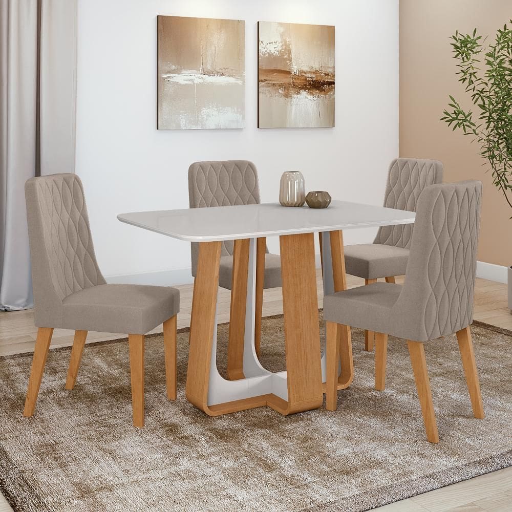 Conjunto Sala de Jantar Mesa Easy Pop 120x80cm Tampo Vidro/MDF com 4 Cadeiras Seat Suede Animale Bege Amendoa Clean/off White