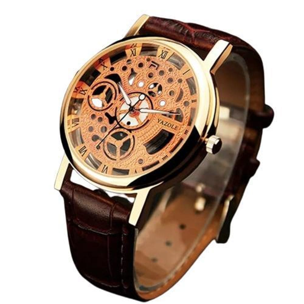 Relógio Masculino Marrom Metal Fundo Laranja Presente