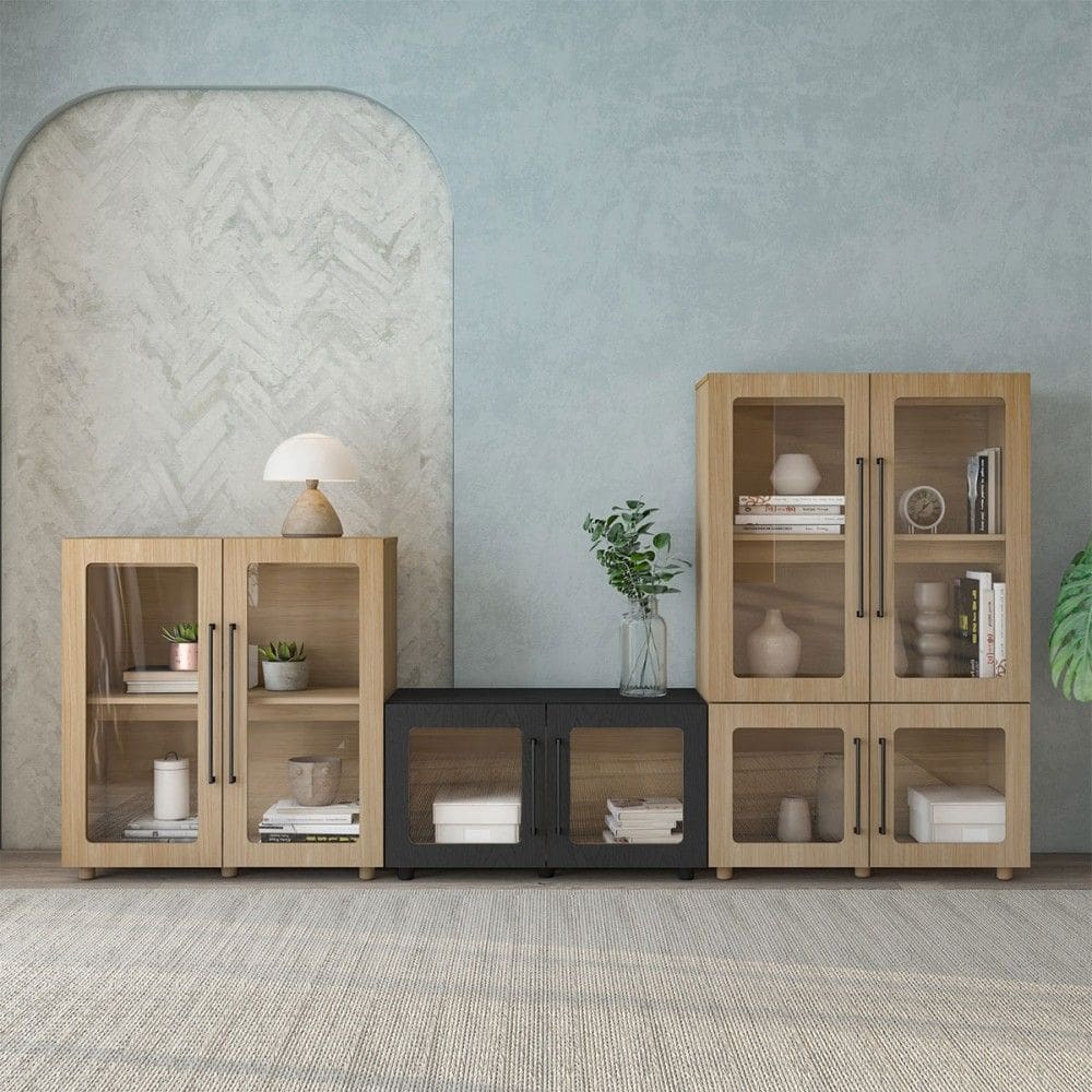 Conjunto Balcão Modulado Mia 8 Portas Riveira/Preto - Pnr Móveis