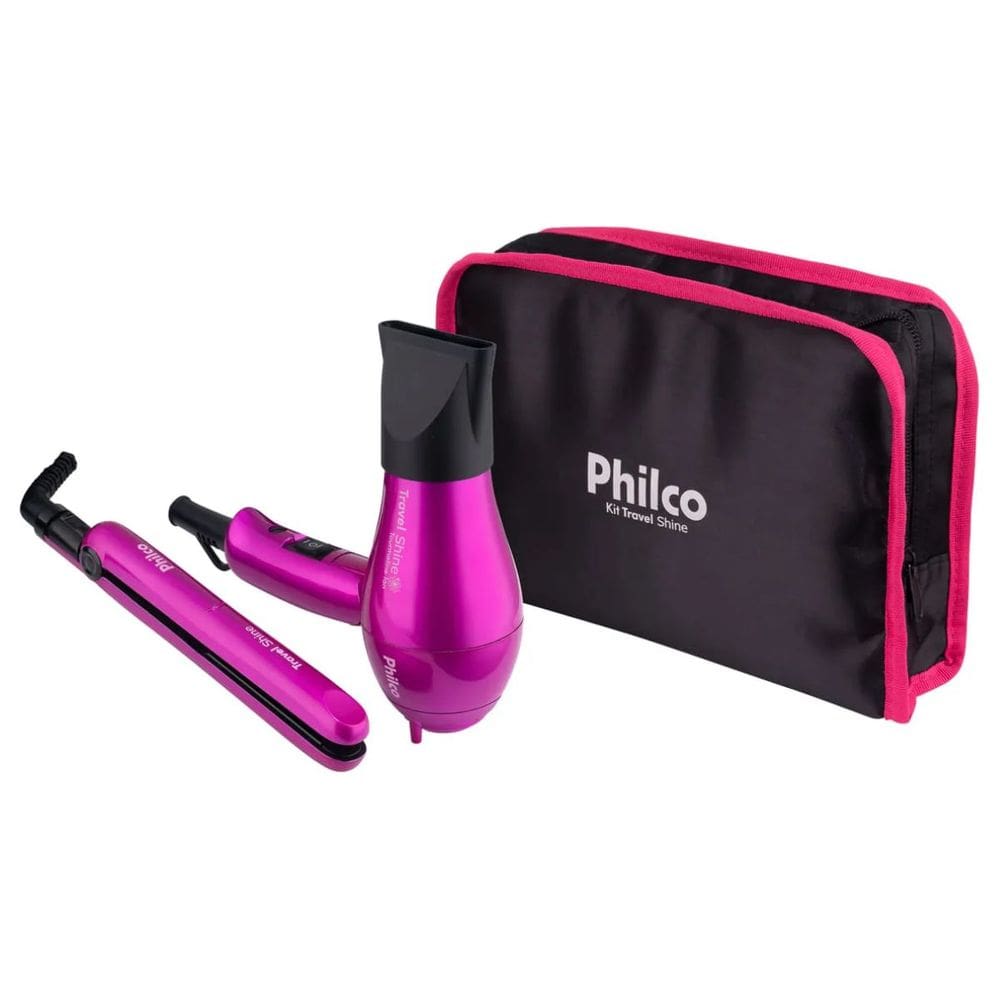Kit Secador Chapinha  Íon Tourmaline Necessaire Travel Shine Bivolt Dobrável para Viagem Philco