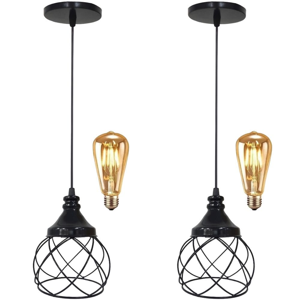 2 Pendentes Aramados Redondo + 2 Lâmpada Lustre Luminária Teto Regulável Sala Cozinha Industrial
