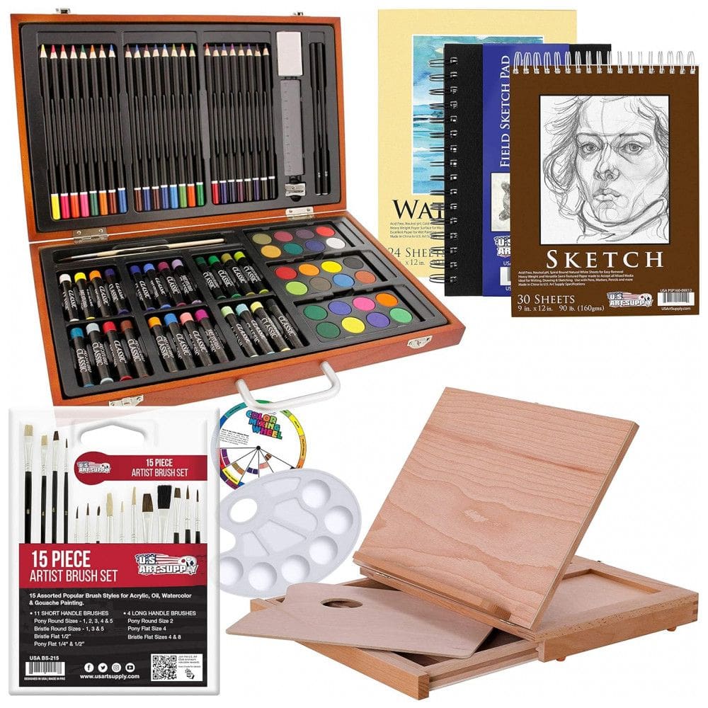 Kit de Pintura U.S. Art Supply com 103 Peças e Caixa de madeira Portátil, Marrom