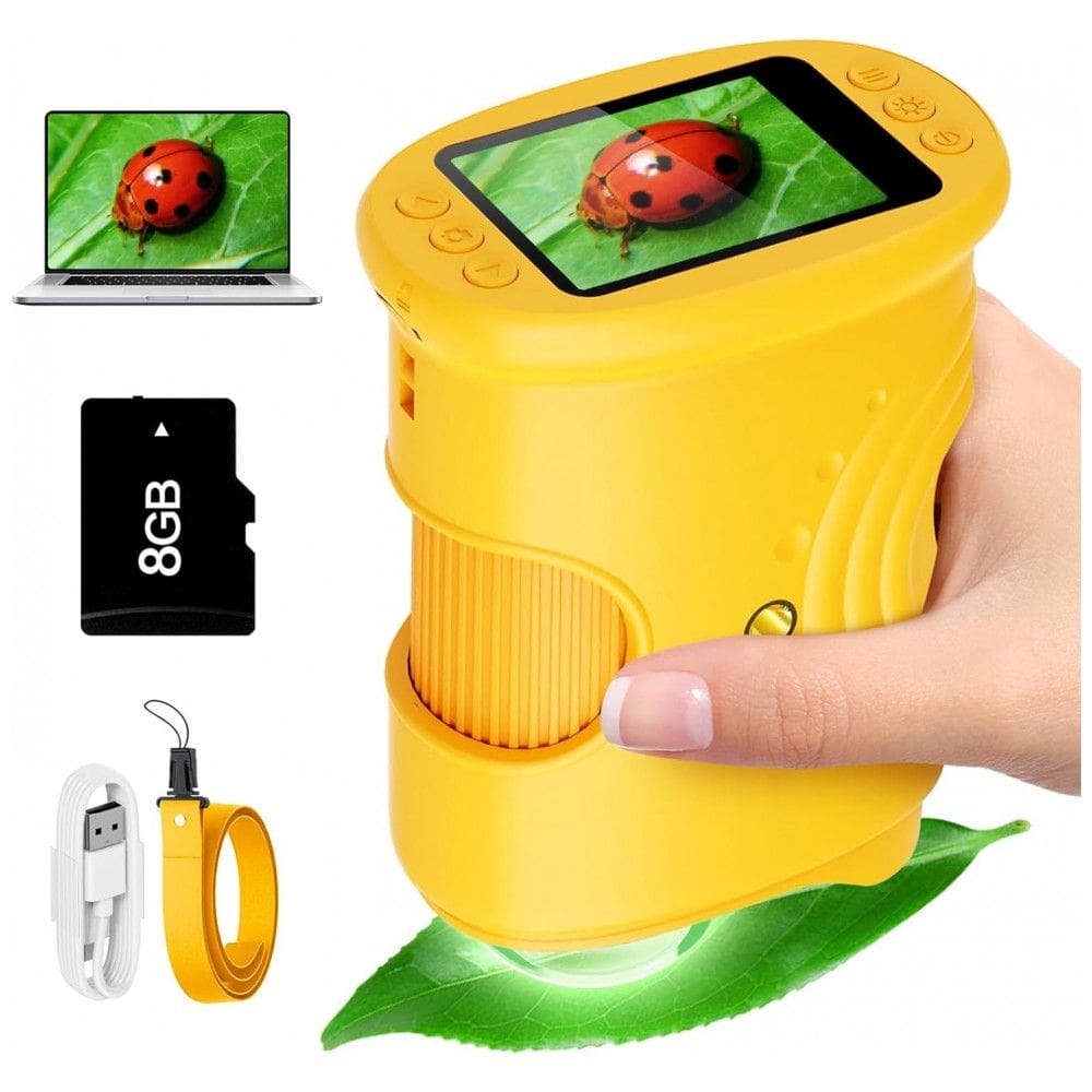 Microscópio digital infantil 1000x Alotwan amarelo de mão com tela HD e gravação de vídeo, brinquedo STEM portátil com cartão 8GB