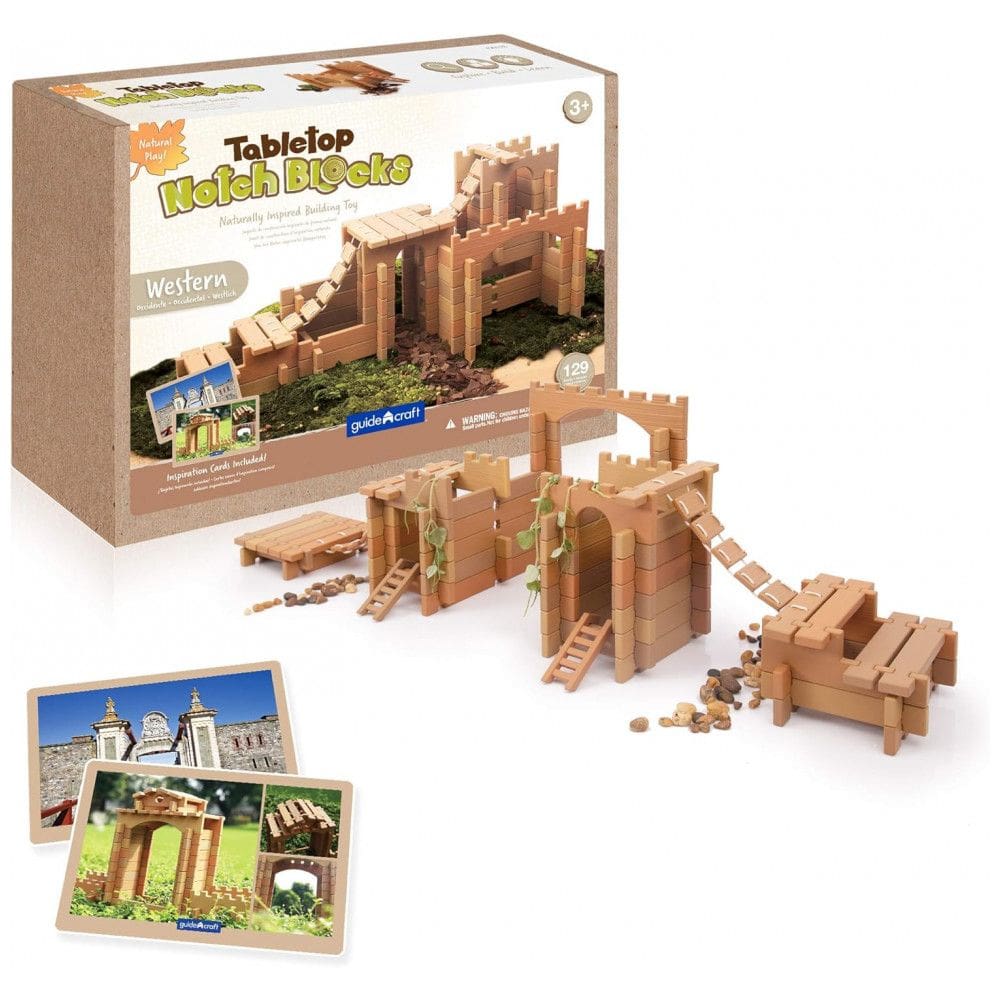 Conjunto de blocos de construção Guidecraft Tabletop Notch Blocks Western com 129 peças em TPE e 10 cartas de inspiração dupla face