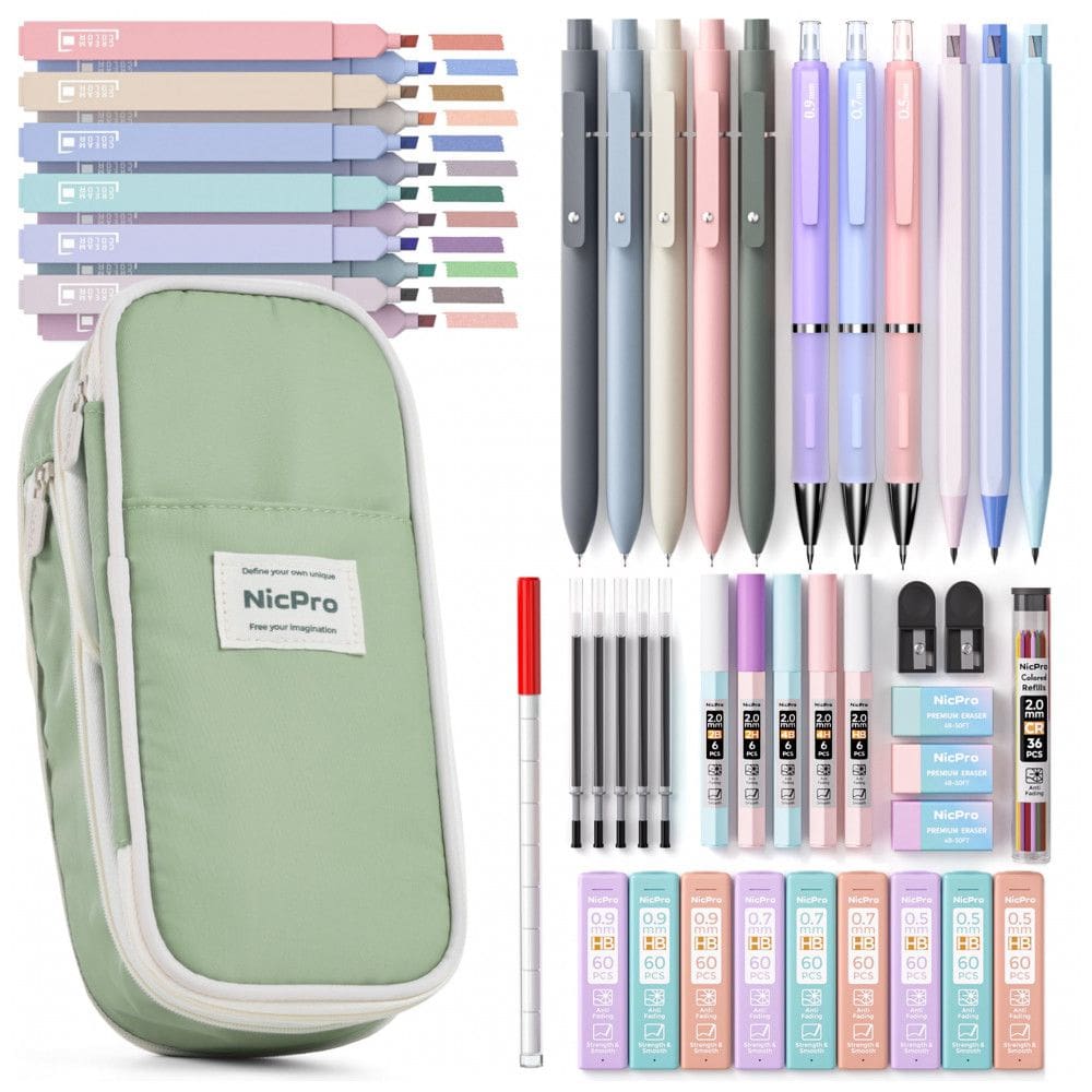 Kit escolar 50 peças Nicpro verde com estojo, canetas em gel, marcadores e lapiseiras