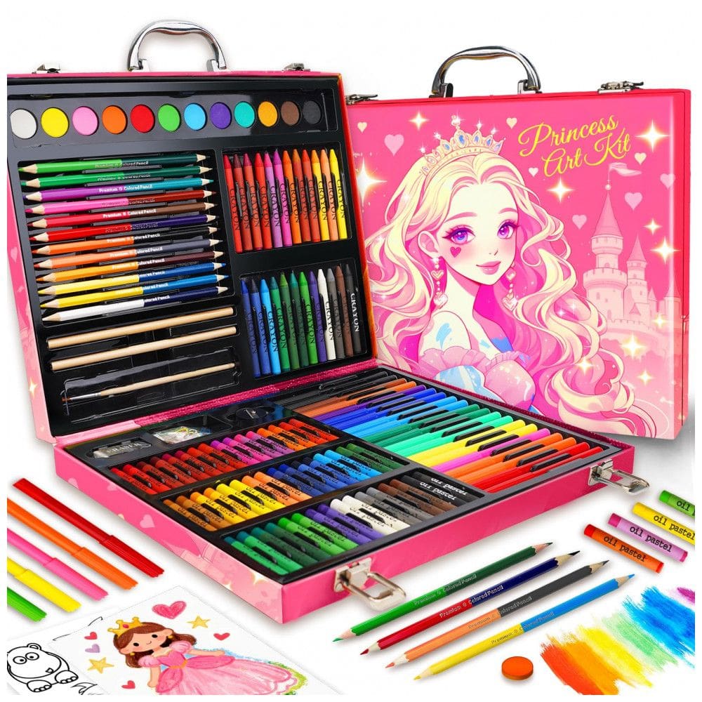 Kit de arte princesa Okiki 184 peças rosa com estojo e materiais de desenho