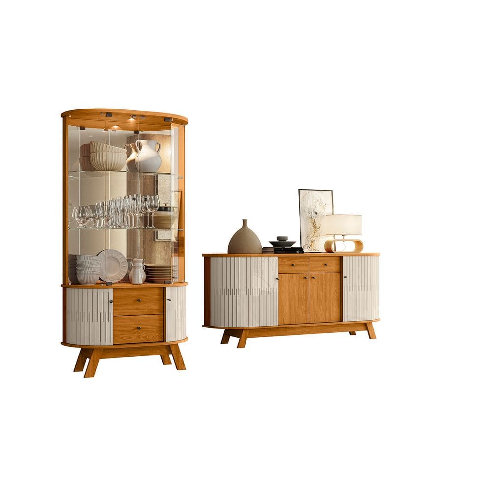 Kit Sala de Jantar Mônaco e Moss Cinamomo Off White Buffet 4 Portas e Cristaleira com LED Liberty Móveis